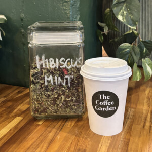 Hibiscus Mint premium loose-leaf herbal tea at The Coffee Garden in Uptown Houston.
