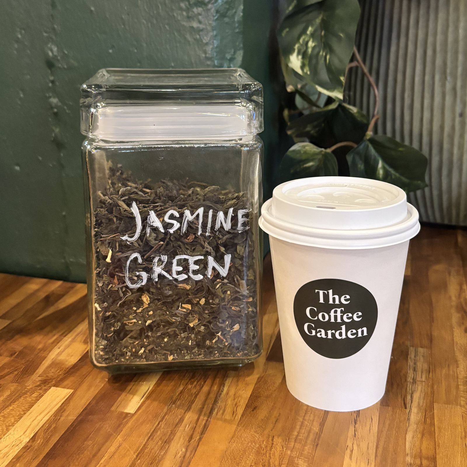 Jasmine Green premium loose-leaf tea at The Coffee Garden in Uptown Houston.