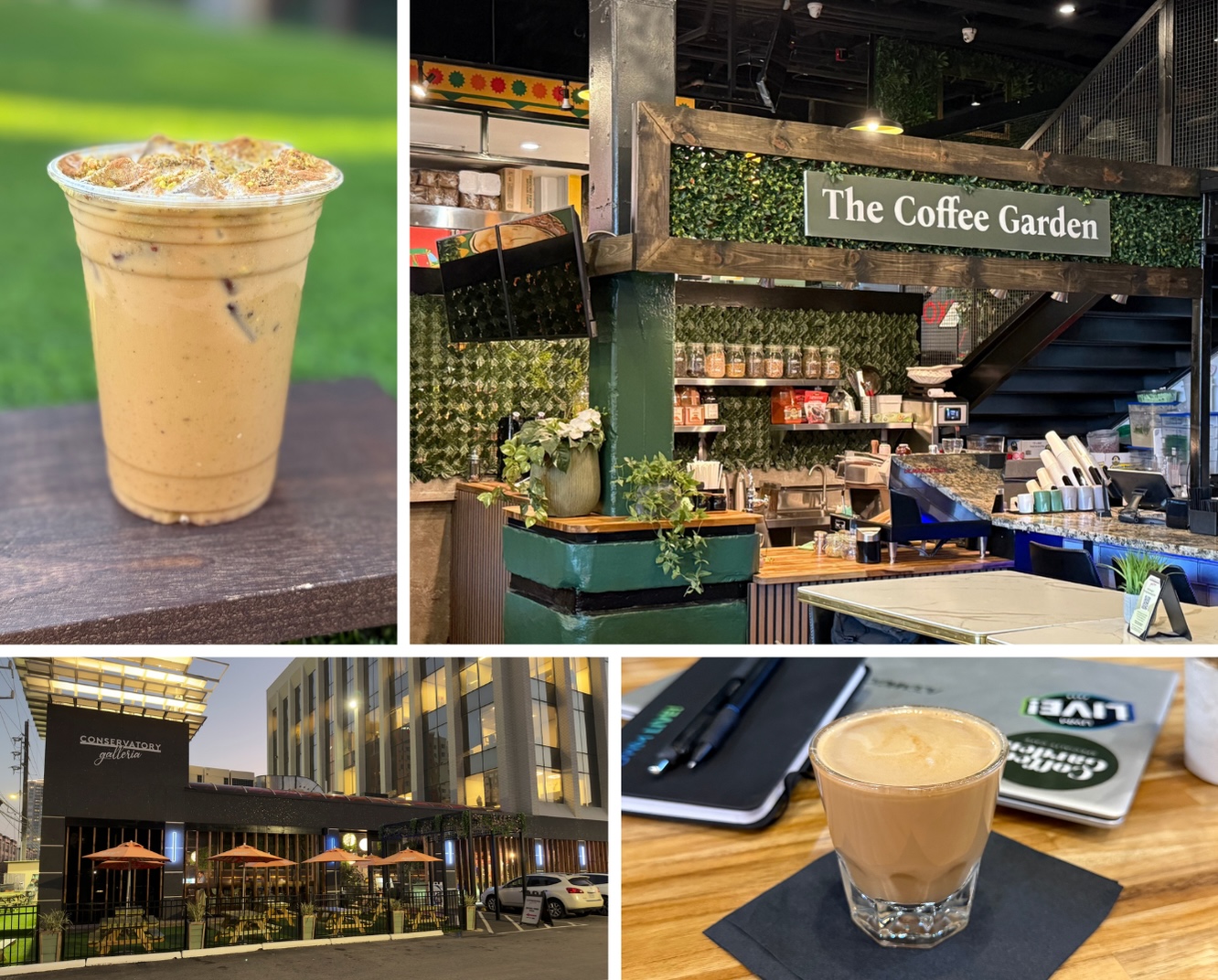 The Coffee Garden – Galleria coffee shop at Conservatory Galleria Houston Collage of The Coffee Garden Galleria coffee shop showing an iced latte, the indoor coffee bar, the Conservatory Galleria exterior, and a cortado on a wooden table.