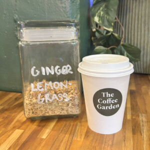 Ginger Lemongrass premium loose-leaf herbal tea at The Coffee Garden in Uptown Houston.