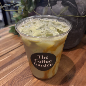 Pumpkin Pie Matcha with pumpkin cold foam at The Coffee Garden in Uptown Houston