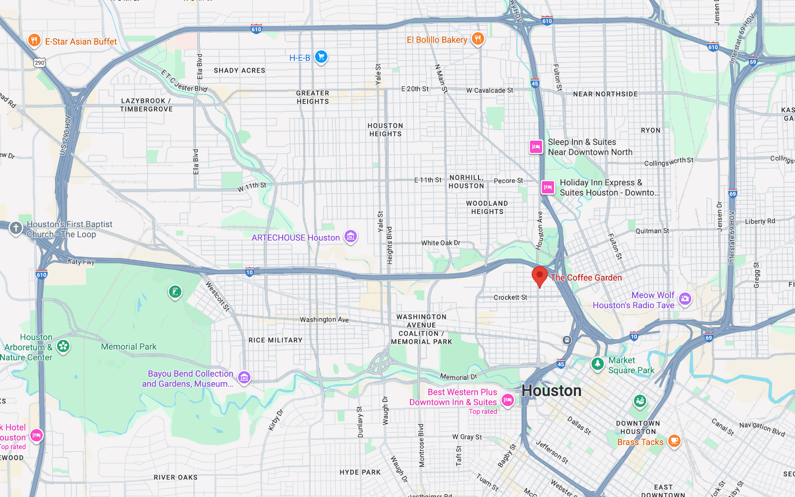 Contact Map to The Coffee Garden’s Heights Coffee Shop at 1920 Houston Ave, Houston, TX, entrance and parking marked.