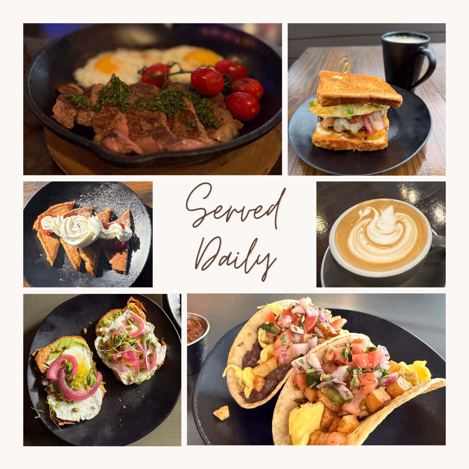 Breakfast in The Heights featuring steak and eggs, breakfast tacos, avocado toast, and coffee at The Coffee Garden in Houston