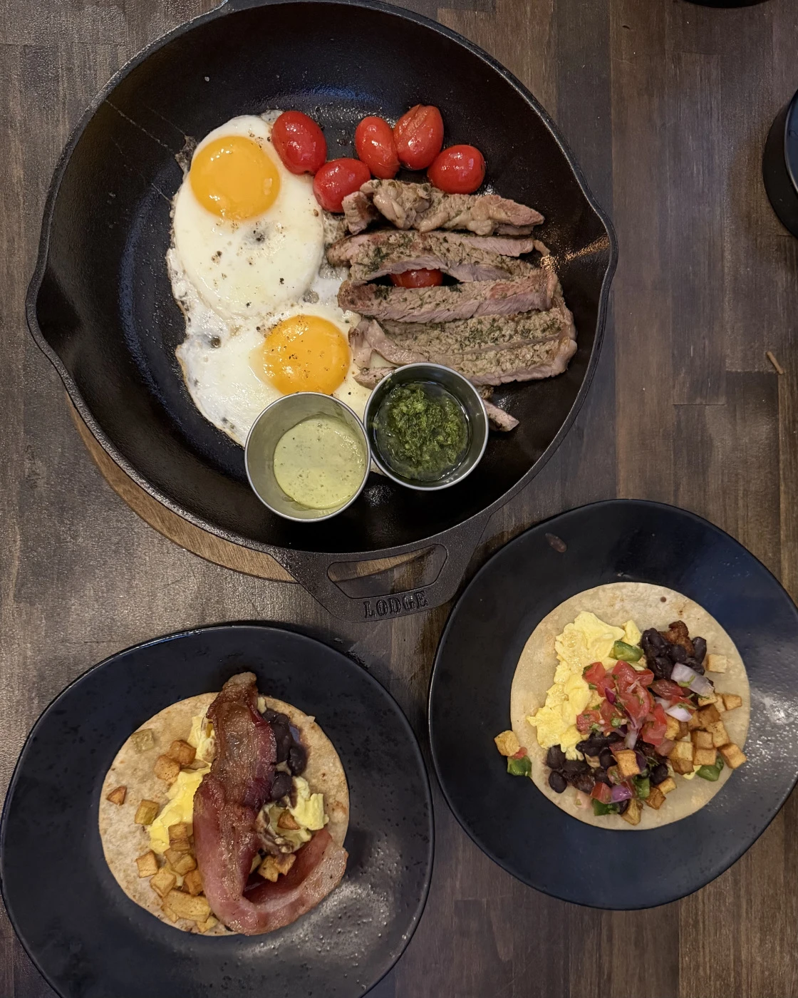 Steak and eggs skillet with breakfast tacos at The Coffee Garden in The Heights Houston