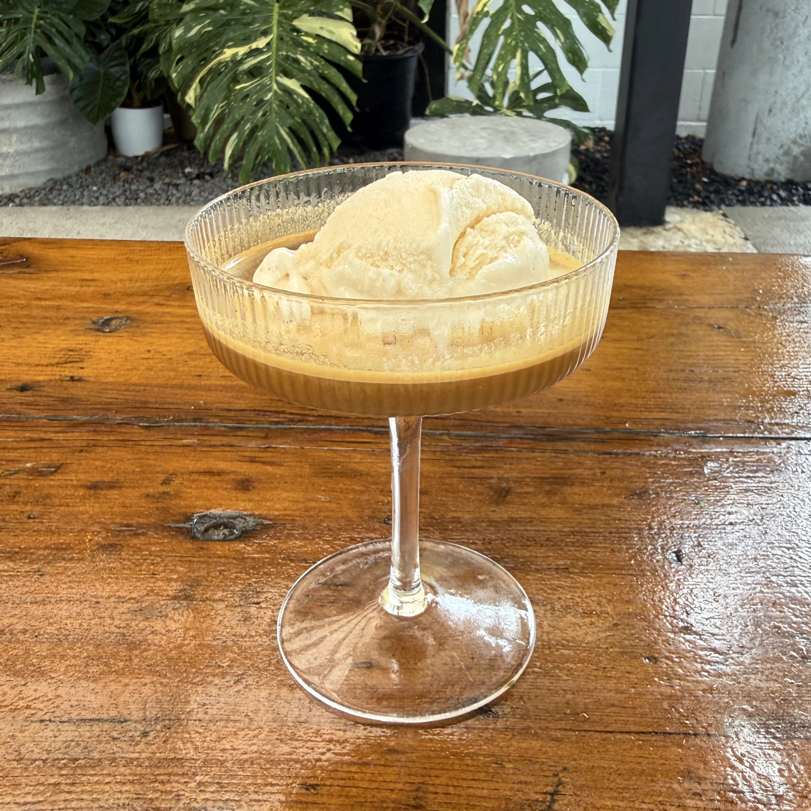 Affogato with vanilla ice cream and freshly brewed espresso served at The Coffee Garden in the Heights, Houston TX 77007.